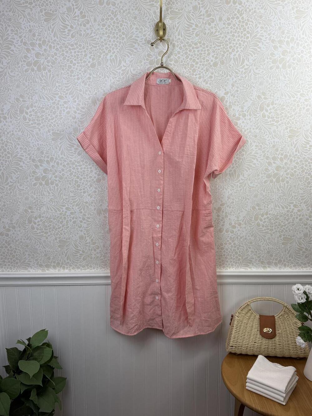 ANNA KAY Pink Striped Button-Up Cotton Blend Shirt Dress - Size - Large